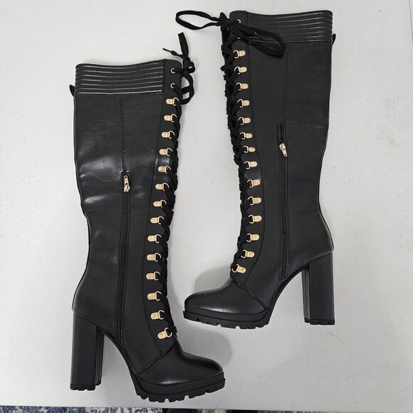 NWOT JustFab Eliza Heeled Boots Womens 8.5 Black Lace-Up Side Zipper Gothic Punk - Picture 1 of 10